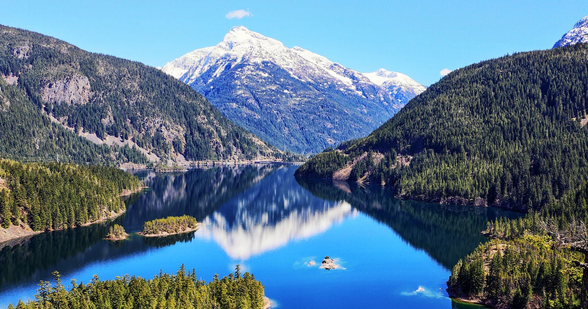 Snowy mountain reflected in tranquil lake